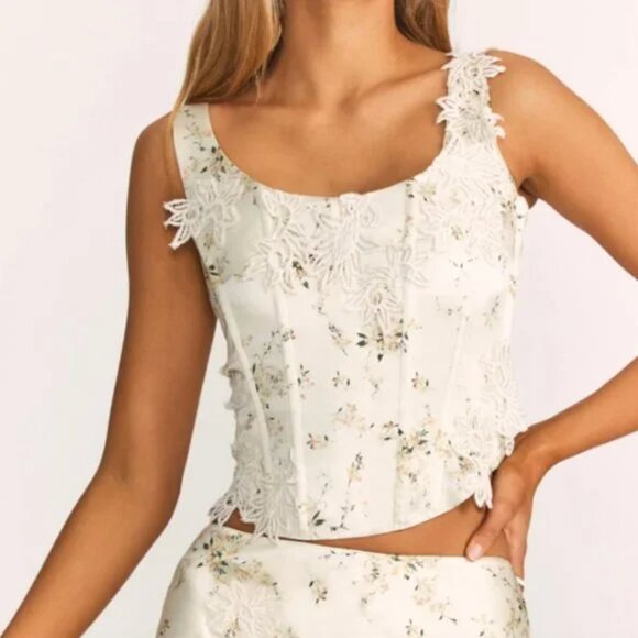 LoveShackFancy Mori Floral Charmeuse Bustier Top